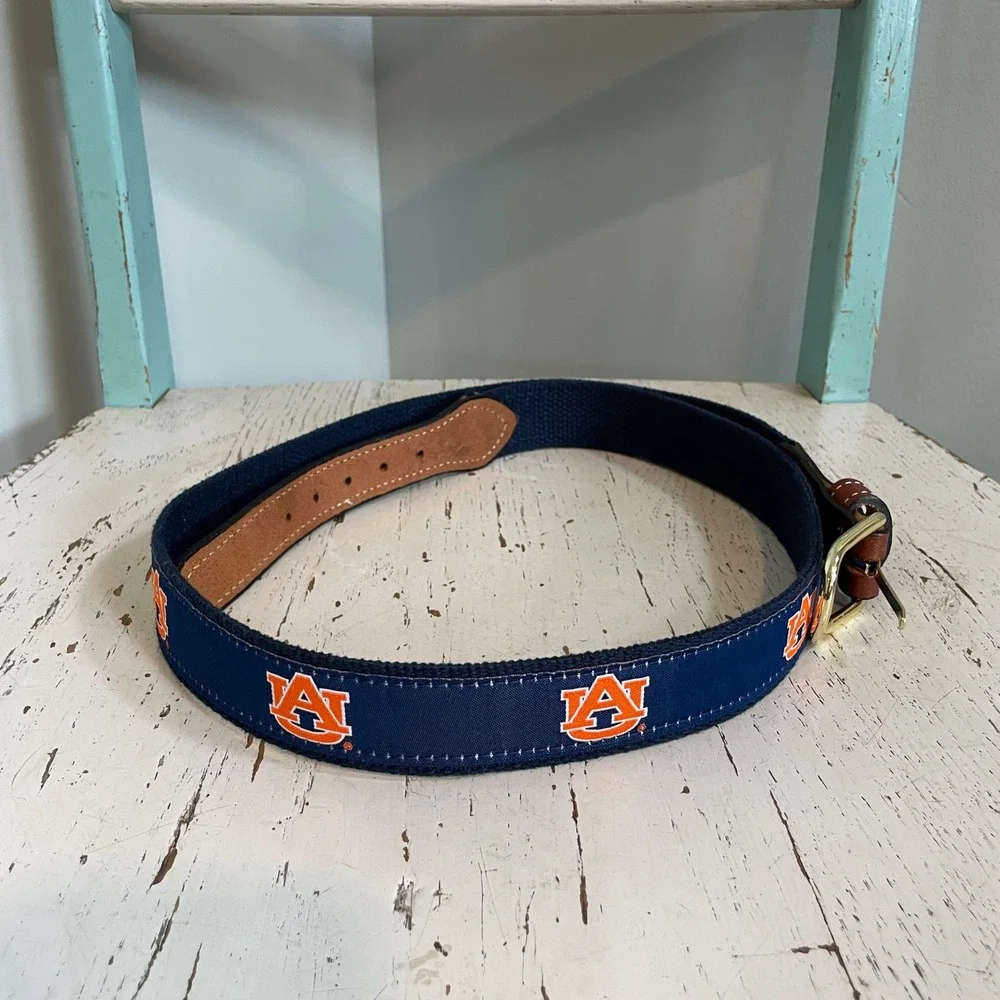 Auburn Tigers Mens Canvas Web Belt Navy Blue Leather Trim Size 38 AU Gameday